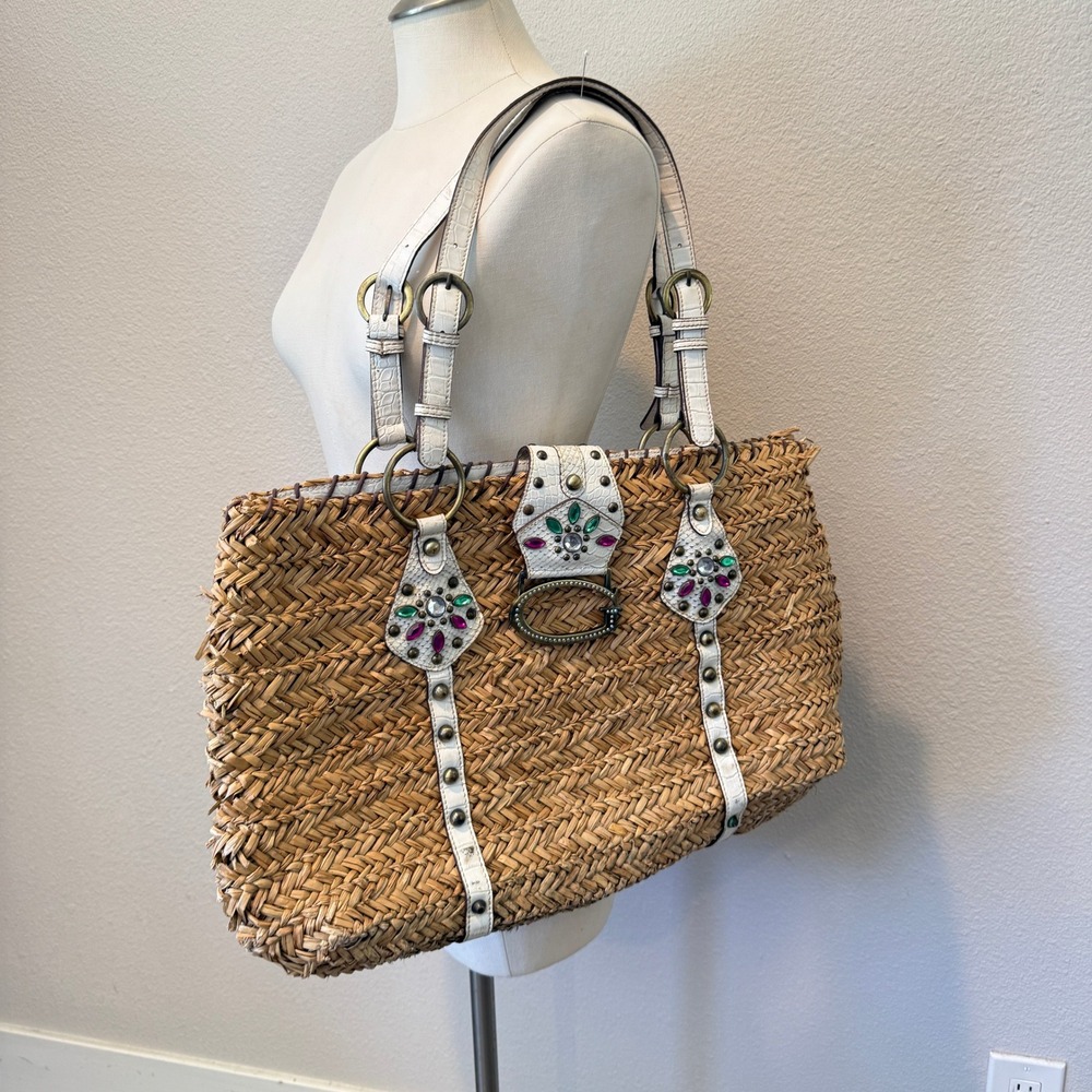 Y2K Guess Woven Straw Tote Bag White Croc Trim Gemstone Embellished Boho Large